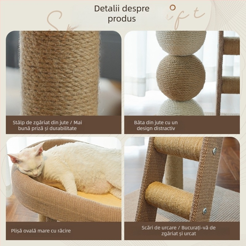 Turn de pisică cu cuib încorporat și stâlp de zgâriere – material pânză, stil pastoral, Meow Fairy