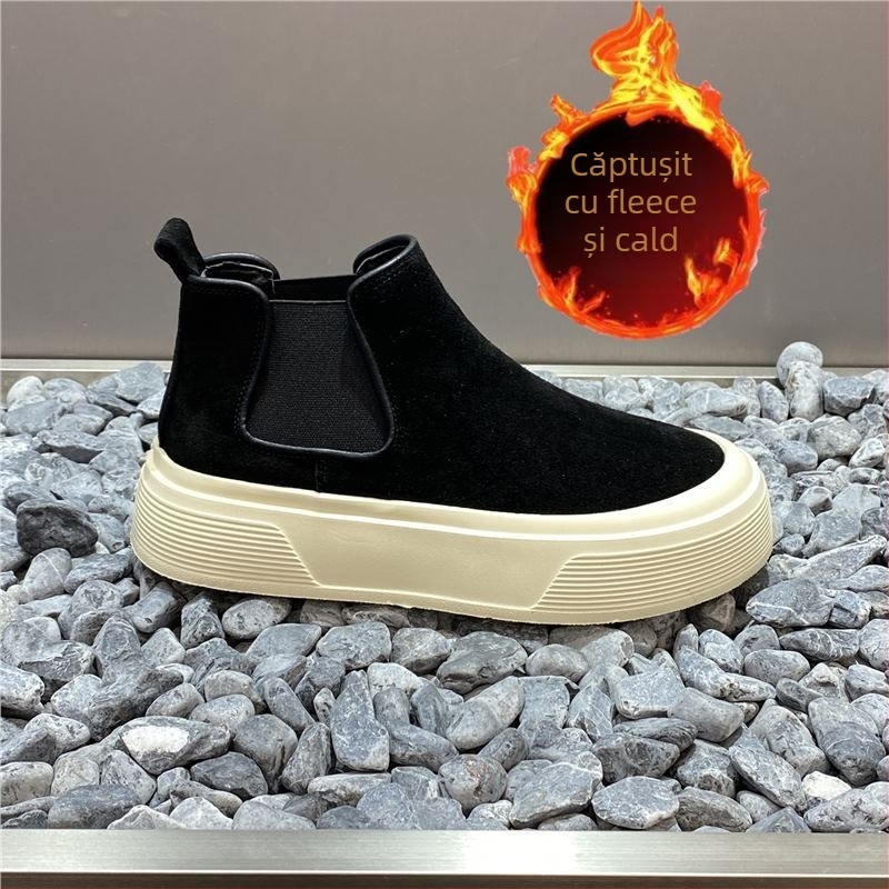 Pantofi Chelsea din piele naturală pentru bărbați, botine casual înalte pentru toamnă-iarna, partea superioară nubuk, căptușeală caldă din pluș sintetic scurt