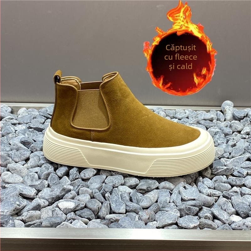 Pantofi Chelsea din piele naturală pentru bărbați, botine casual înalte pentru toamnă-iarna, partea superioară nubuk, căptușeală caldă din pluș sintetic scurt