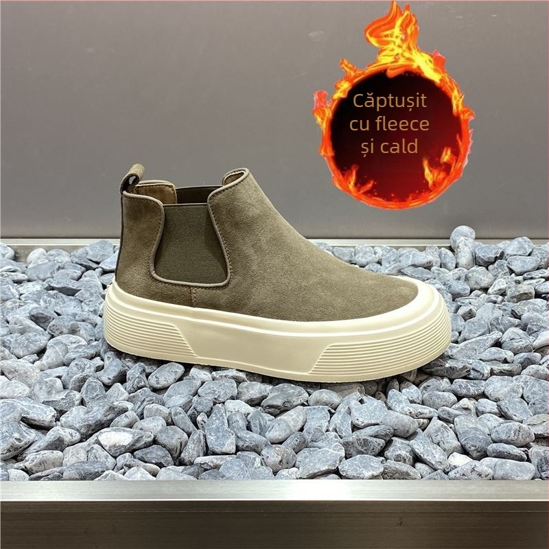 Pantofi Chelsea din piele naturală pentru bărbați, botine casual înalte pentru toamnă-iarna, partea superioară nubuk, căptușeală caldă din pluș sintetic scurt