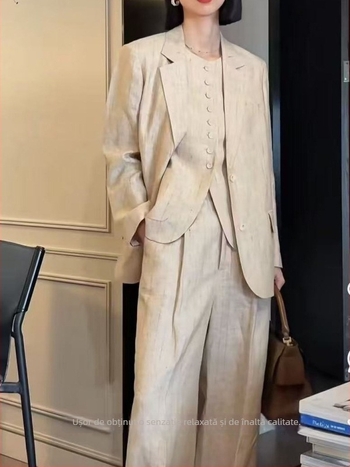 Sacou de femei din in cu dungi – 100% in, guler de costum, mâneci lungi, primăvara 2025