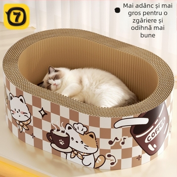 Placă de zgâriere pentru pisici cu pat integrat, din hârtie ondulată, brand 7o, model QW10309, stil simplu