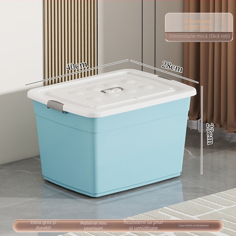 Cutie de depozitare din plastic, material PP, capacitate 40–50 L, cu role, închidere cu clic, rezistentă la apă și la praf