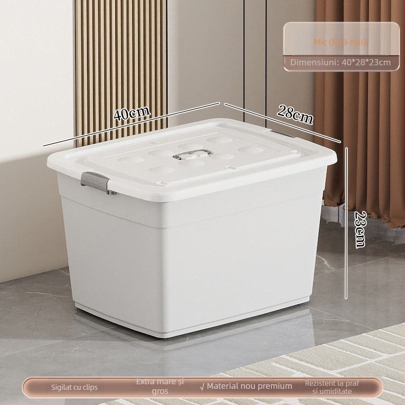 Cutie de depozitare din plastic, material PP, capacitate 40–50 L, cu role, închidere cu clic, rezistentă la apă și la praf