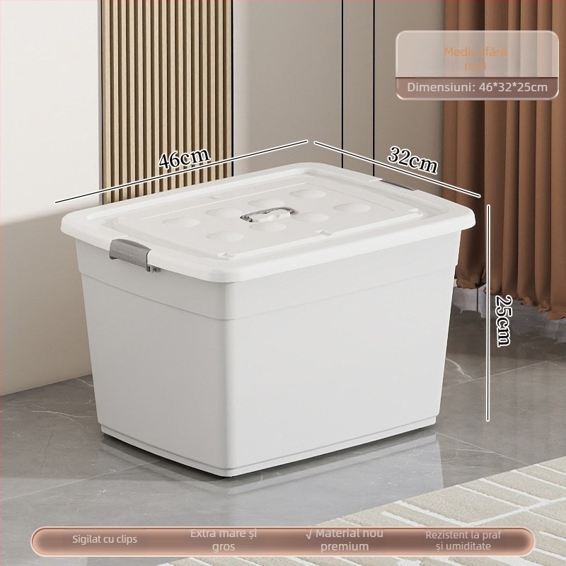 Cutie de depozitare din plastic, material PP, capacitate 40–50 L, cu role, închidere cu clic, rezistentă la apă și la praf