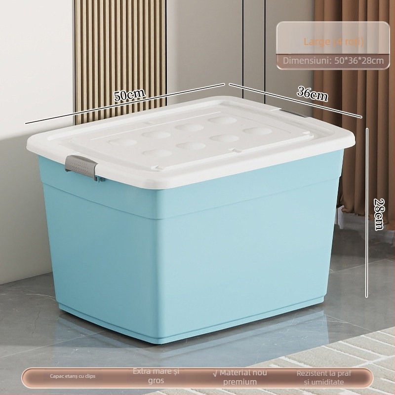 Cutie de depozitare din plastic, material PP, capacitate 40–50 L, cu role, închidere cu clic, rezistentă la apă și la praf