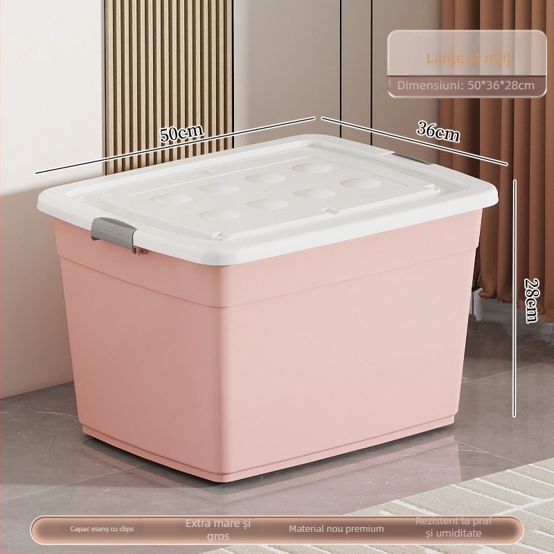 Cutie de depozitare din plastic, material PP, capacitate 40–50 L, cu role, închidere cu clic, rezistentă la apă și la praf