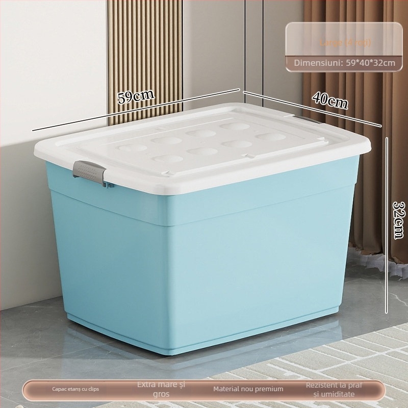 Cutie de depozitare din plastic, material PP, capacitate 40–50 L, cu role, închidere cu clic, rezistentă la apă și la praf