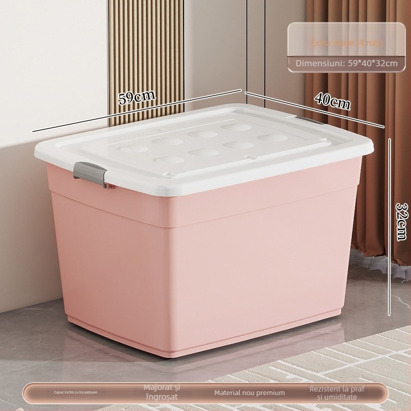 Cutie de depozitare din plastic, material PP, capacitate 40–50 L, cu role, închidere cu clic, rezistentă la apă și la praf