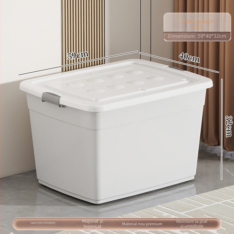 Cutie de depozitare din plastic, material PP, capacitate 40–50 L, cu role, închidere cu clic, rezistentă la apă și la praf