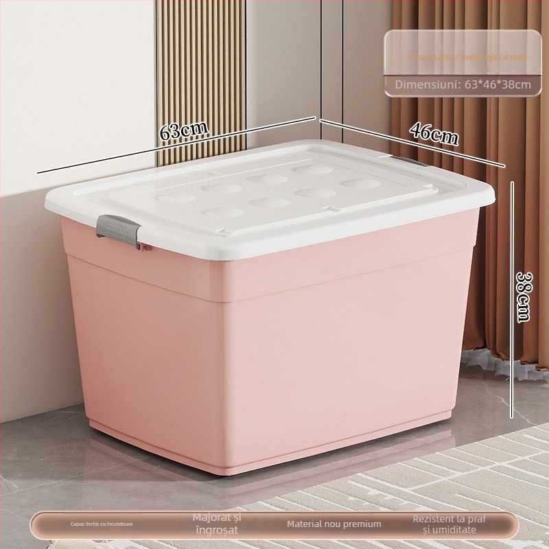 Cutie de depozitare din plastic, material PP, capacitate 40–50 L, cu role, închidere cu clic, rezistentă la apă și la praf