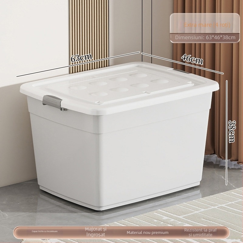 Cutie de depozitare din plastic, material PP, capacitate 40–50 L, cu role, închidere cu clic, rezistentă la apă și la praf