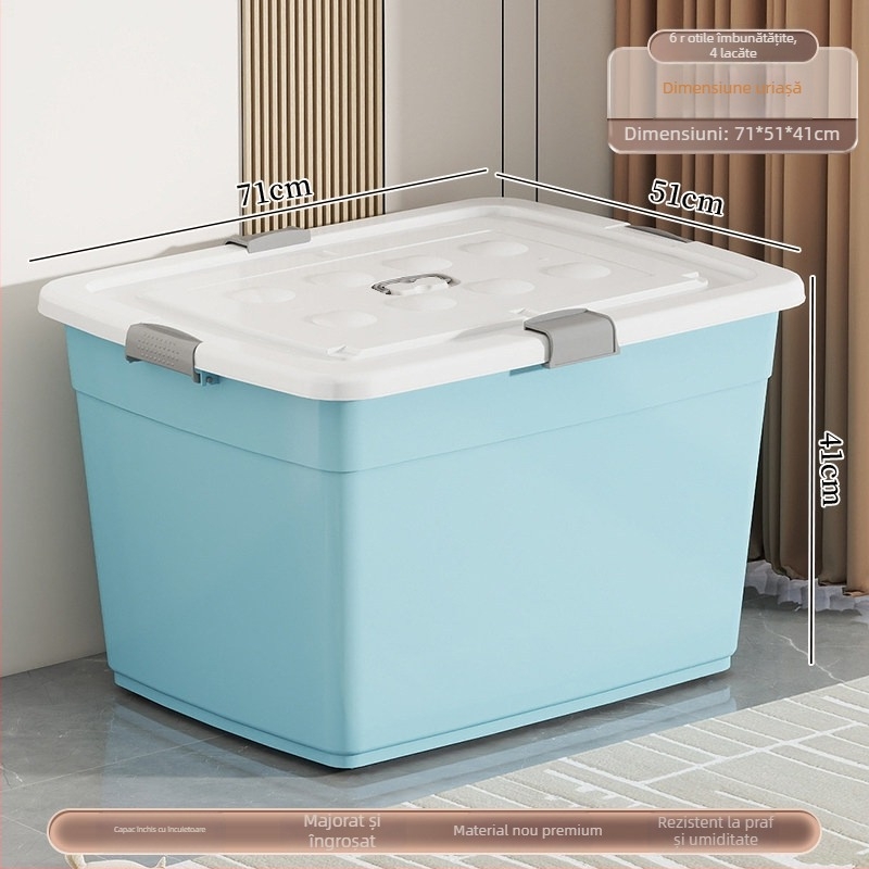 Cutie de depozitare din plastic, material PP, capacitate 40–50 L, cu role, închidere cu clic, rezistentă la apă și la praf