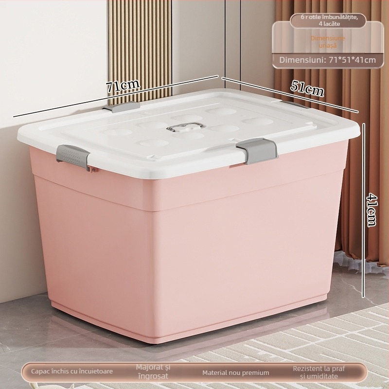 Cutie de depozitare din plastic, material PP, capacitate 40–50 L, cu role, închidere cu clic, rezistentă la apă și la praf