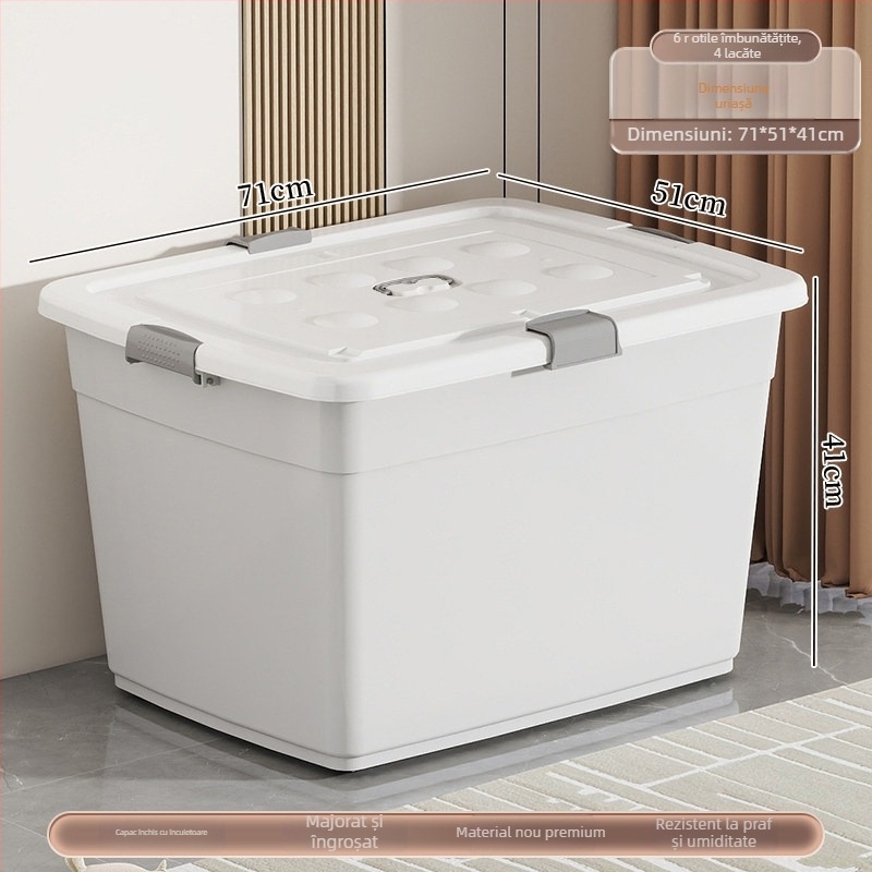 Cutie de depozitare din plastic, material PP, capacitate 40–50 L, cu role, închidere cu clic, rezistentă la apă și la praf