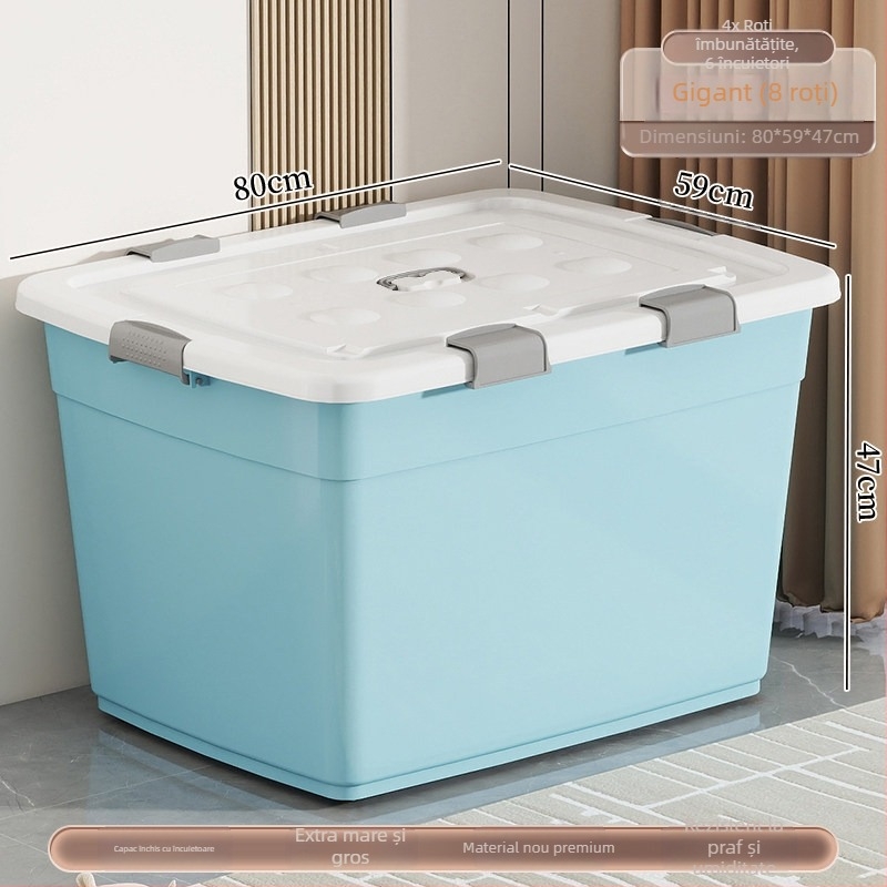 Cutie de depozitare din plastic, material PP, capacitate 40–50 L, cu role, închidere cu clic, rezistentă la apă și la praf