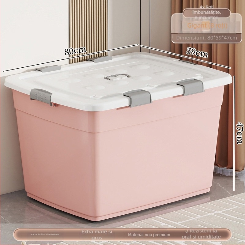 Cutie de depozitare din plastic, material PP, capacitate 40–50 L, cu role, închidere cu clic, rezistentă la apă și la praf