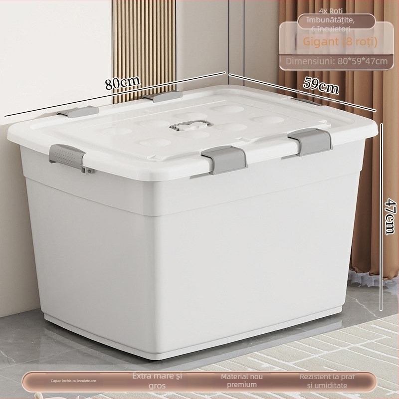 Cutie de depozitare din plastic, material PP, capacitate 40–50 L, cu role, închidere cu clic, rezistentă la apă și la praf