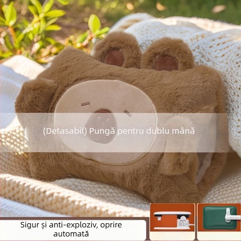 Borcă de apă fierbinte reîncărcabilă, rezistentă la explozie, cu husă plușată pentru încălzirea mâinilor și a abdomenului, din flanel