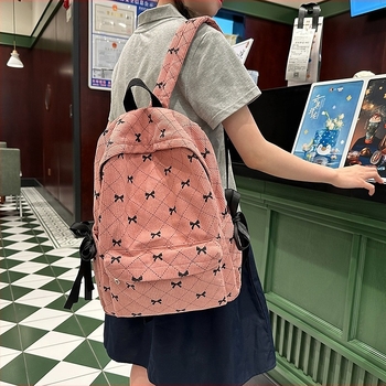 Rucsac școlar din corduroy, bretele curbate, model geometric, capacitate extinsă, stil campus tânăr
