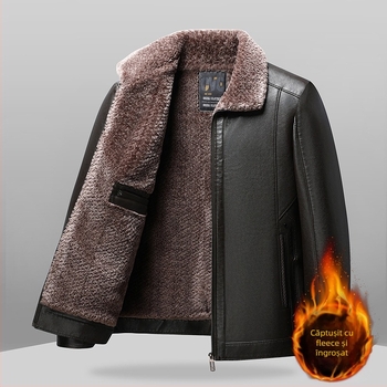 Geacă din piele PU pentru bărbați, căptușeală poliester, închidere cu fermoar, buzunare laterale, croială ajustată