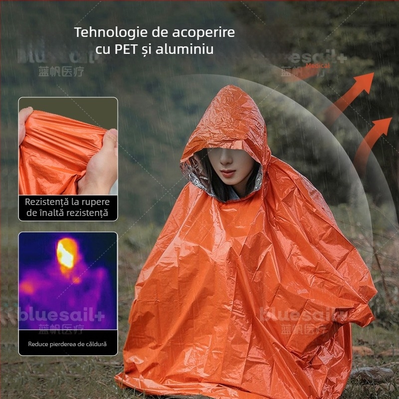 Sac de dormit izolat de urgență pentru camping în aer liber – protecție solară, rezistent la umiditate, rezistent la frig (Brand: Blue Sail; Model: Emergency blanket)