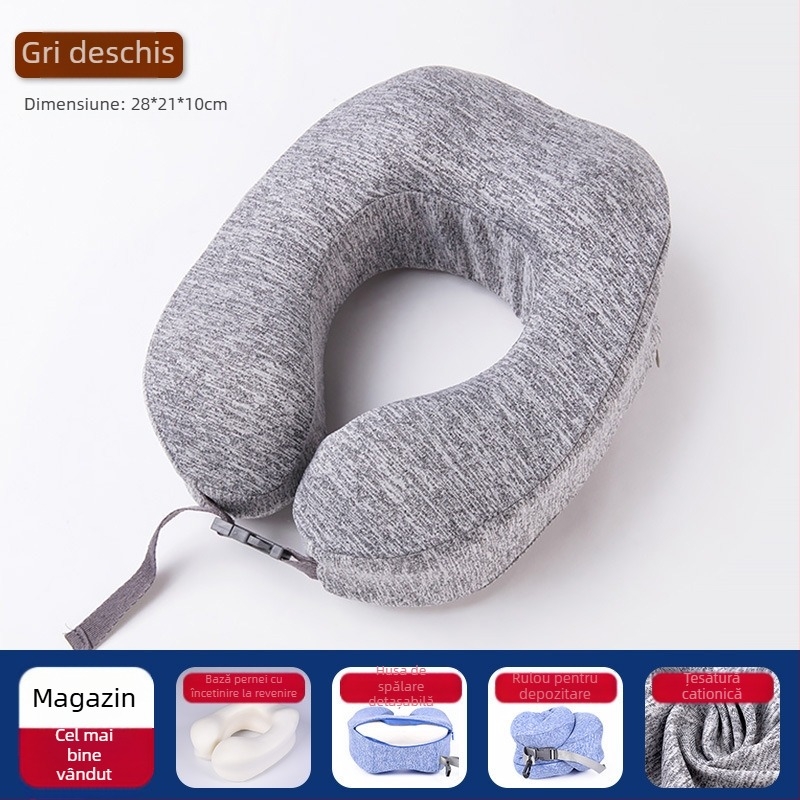 Pernă cervicală din spumă cu memorie, în formă de U, husă Ice Silk, pentru călătorii