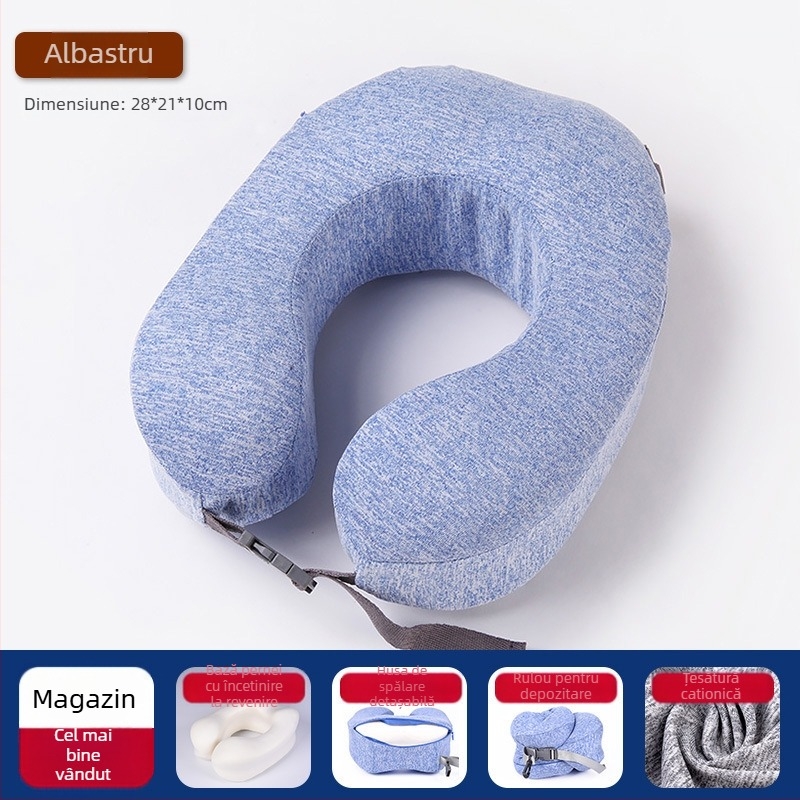 Pernă cervicală din spumă cu memorie, în formă de U, husă Ice Silk, pentru călătorii