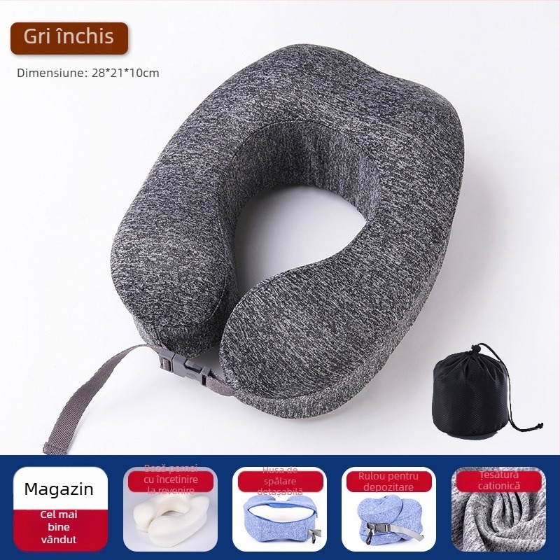 Pernă cervicală din spumă cu memorie, în formă de U, husă Ice Silk, pentru călătorii