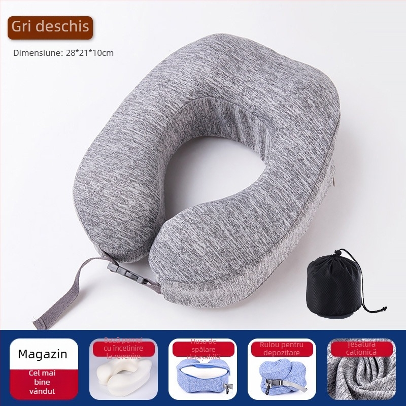 Pernă cervicală din spumă cu memorie, în formă de U, husă Ice Silk, pentru călătorii
