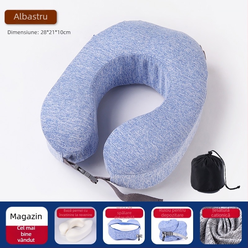 Pernă cervicală din spumă cu memorie, în formă de U, husă Ice Silk, pentru călătorii