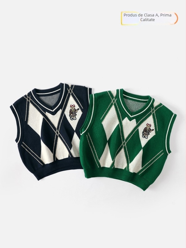 Vestă pentru copii cu decolteu în V — 93,5% bumbac, stil preppy, model cu desene animate, pentru vârsta 8+, iarnă-primăvară-toamnă