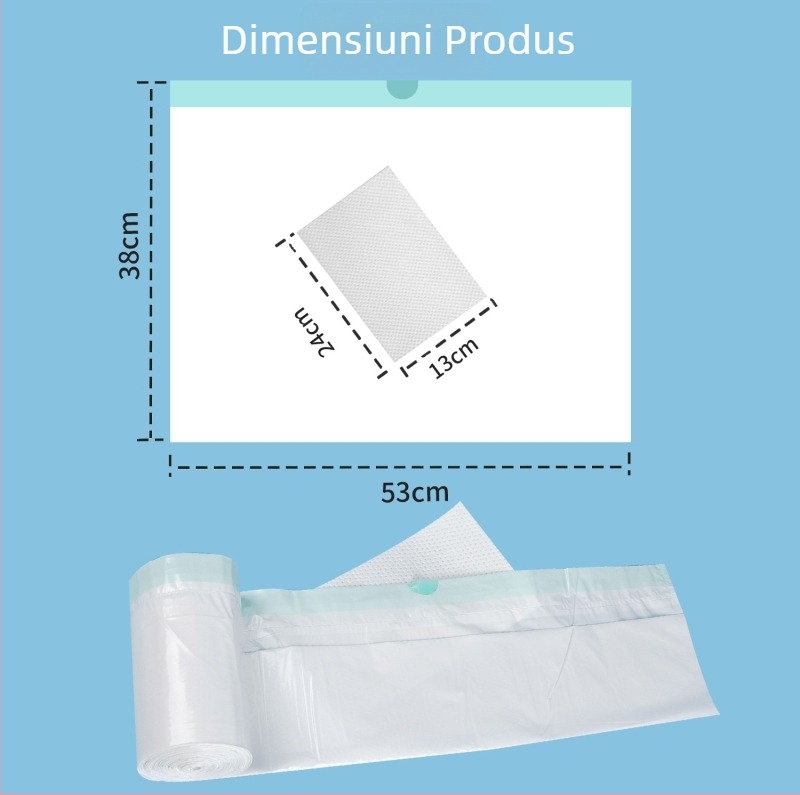 Sac de urgență pentru urinare cu pad absorbant, toaletă portabilă în aer liber, material PE, închidere cu șnur, mare capacitate de absorbție; geantă 53×38 cm, pad 24×13 cm (1200 ml)