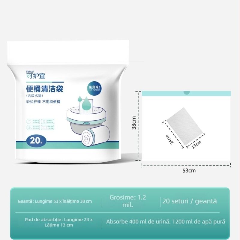 Sac de urgență pentru urinare cu pad absorbant, toaletă portabilă în aer liber, material PE, închidere cu șnur, mare capacitate de absorbție; geantă 53×38 cm, pad 24×13 cm (1200 ml)