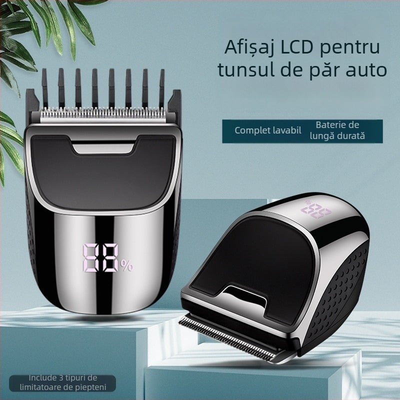 Aparat de tuns păr pentru bărbați, fără fir, cu afișaj LED, baterie încorporată de 500–800 mAh, lame din oțel inoxidabil detașabile și lavabile, design rezistent la apă, autonomie 1–3 ore