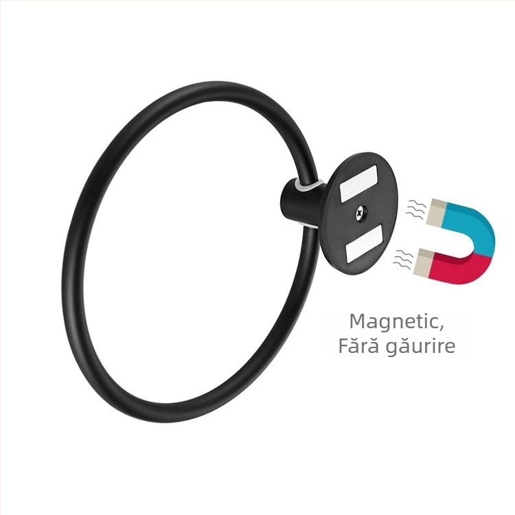 Bară magnetică pentru prosoape cu inel și cârlig, oțel inoxidabil, instalare fără găuri, sarcină 2 kg, finisaj vopsit la cuptor