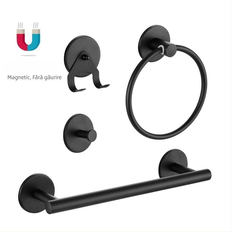 Bară magnetică pentru prosoape cu inel și cârlig, oțel inoxidabil, instalare fără găuri, sarcină 2 kg, finisaj vopsit la cuptor
