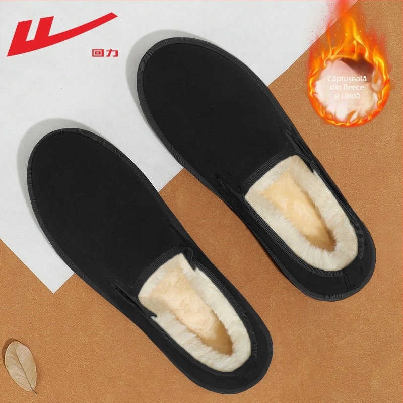 Papuci bărbați Warrior din material Old Beijing, calzi și groși, partea superioară din bumbac, talpă PVC