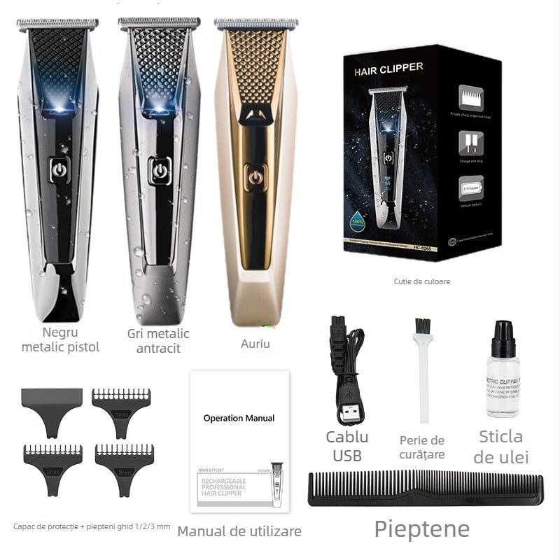 Mașină de tuns păr electrică pentru bărbați cu afișaj digital, lamă din aliaj de titan, baterie încorporată 500–800 mAh, motor cu peri, zgomot sub 36 dB