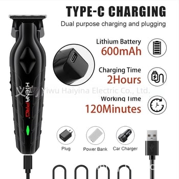 Mașină de tuns păr electrică cu motor periat, lamă din oțel inoxidabil, baterie încorporată 1000–1200 mAh, autonomie 1–3 h, zgomot 36–45 dB
