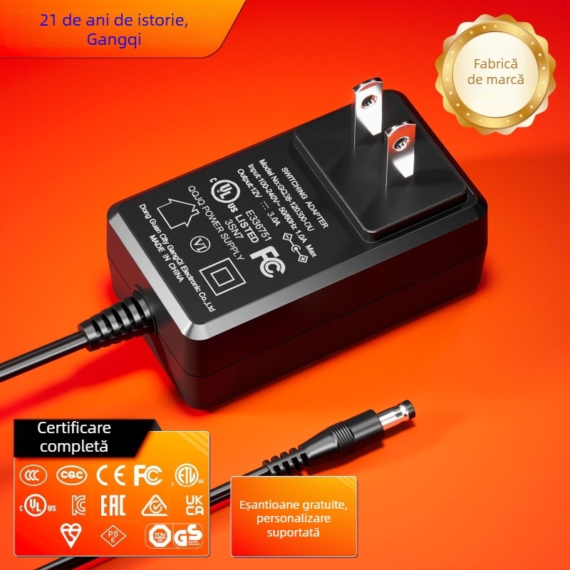 Adaptor de alimentare 12V 3A, UL certificat, US Standard, seria GQ36-120300-AU, conector DC 5.5×2.1mm, pentru IT, monitorizare, LED publicitate și echipamente audio