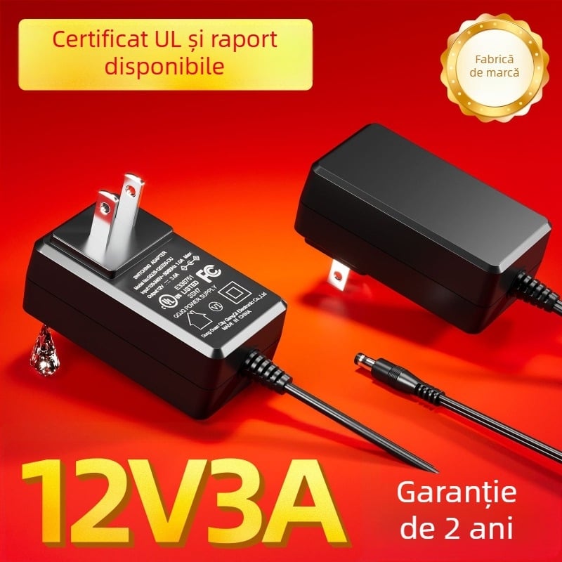 Adaptor de alimentare 12V 3A, UL certificat, US Standard, seria GQ36-120300-AU, conector DC 5.5×2.1mm, pentru IT, monitorizare, LED publicitate și echipamente audio