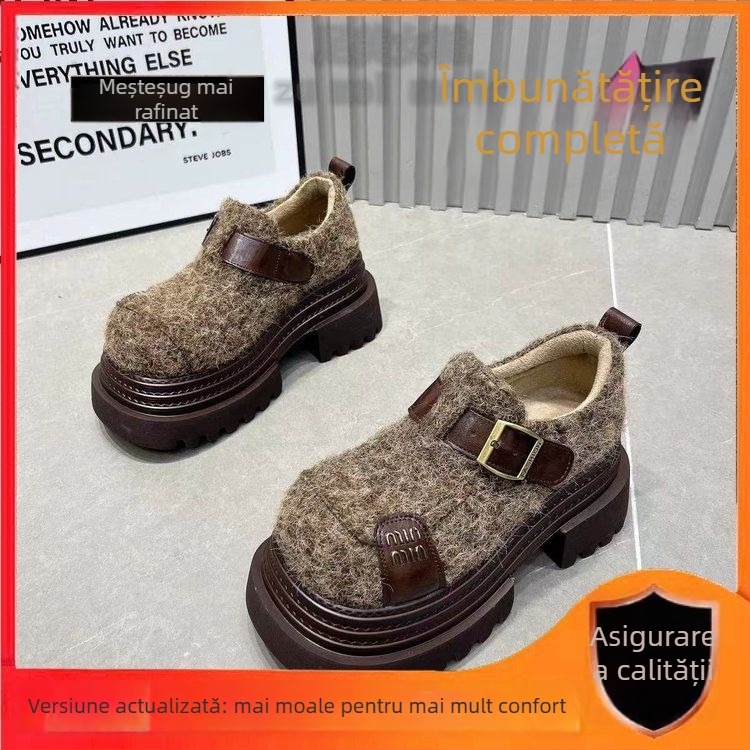 Loaferi din lână pentru femei, cu cataramă în formă de literă, deschidere adâncă, căptușeală din pluș, talpă din cauciuc, toc gros 6–8 cm