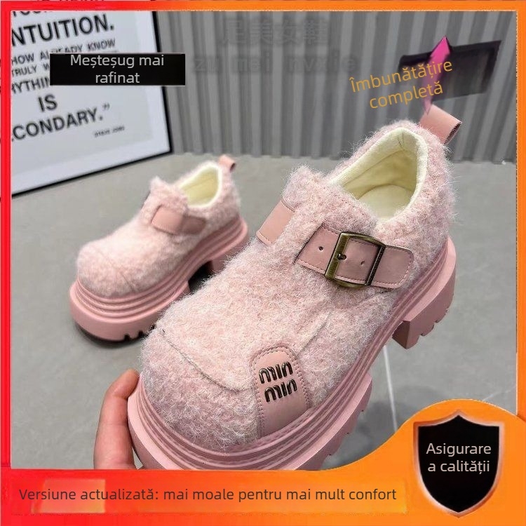 Loaferi din lână pentru femei, cu cataramă în formă de literă, deschidere adâncă, căptușeală din pluș, talpă din cauciuc, toc gros 6–8 cm
