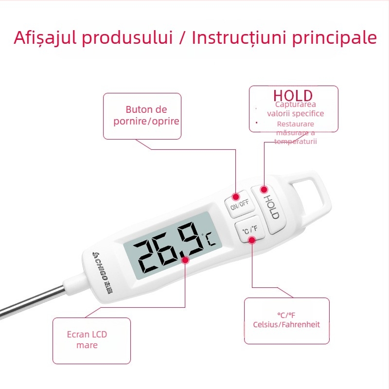 Chigo Termometru pentru alimente cu sondă electronică, pentru lichide, precizie înaltă, interval -50°C până la 300°C
