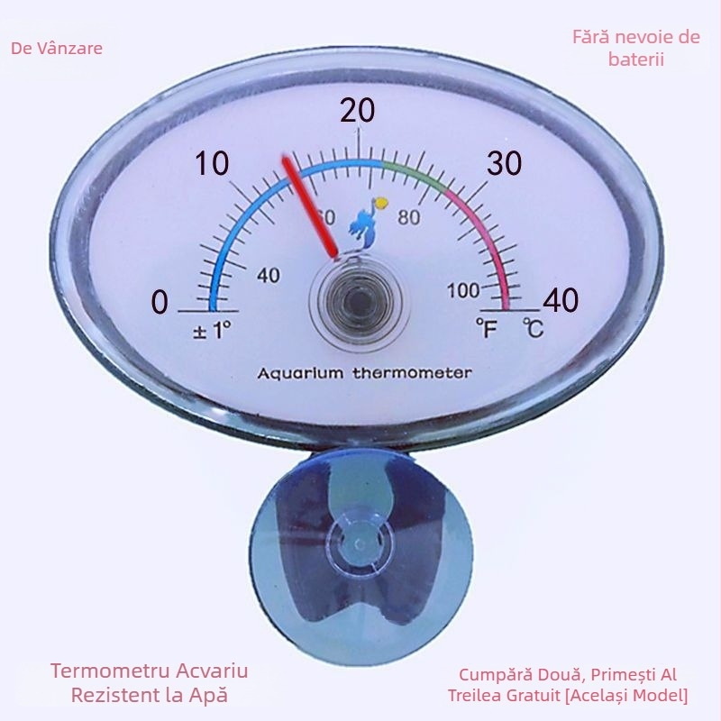 Termometru pentru acvariu - precizie înaltă, compact submersibil, impermeabil, montaj cu ventuză și adeziv
