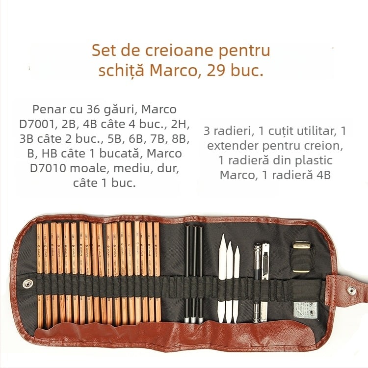 Marco 7001 set profesional de creioane pentru artă — creioane din lemn 2B și HB, grafit/cărbune, 12 buc./cutie, 240 cutii pe carton