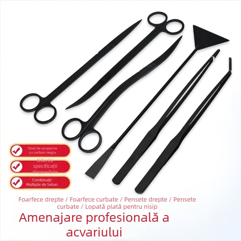 Set de unelte din oțel inoxidabil pentru acvariu: pensete pentru plante acvatice, lopățică plată pentru nisip și foarfecă (Material: oțel inoxidabil; Formă vârf: drept; Include: pensete, lopățică plată, foarfecă)