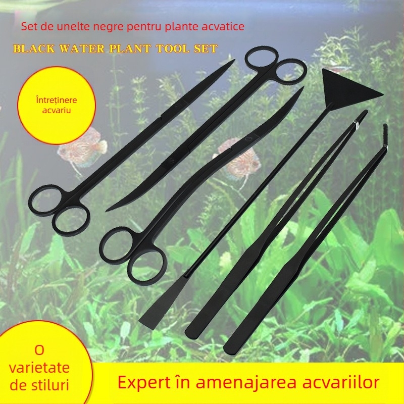 Set de unelte din oțel inoxidabil pentru acvariu: pensete pentru plante acvatice, lopățică plată pentru nisip și foarfecă (Material: oțel inoxidabil; Formă vârf: drept; Include: pensete, lopățică plată, foarfecă)