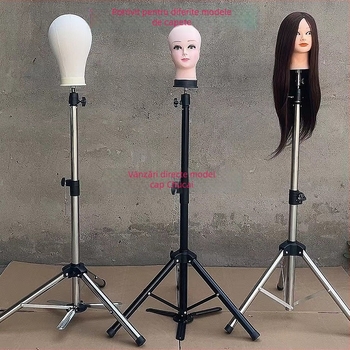 Cap de model pentru perucă cu bază de trepied – păr lung din mătase, bucle lungi cu breton, poate fi vopsit, sprijin pentru formarea capului